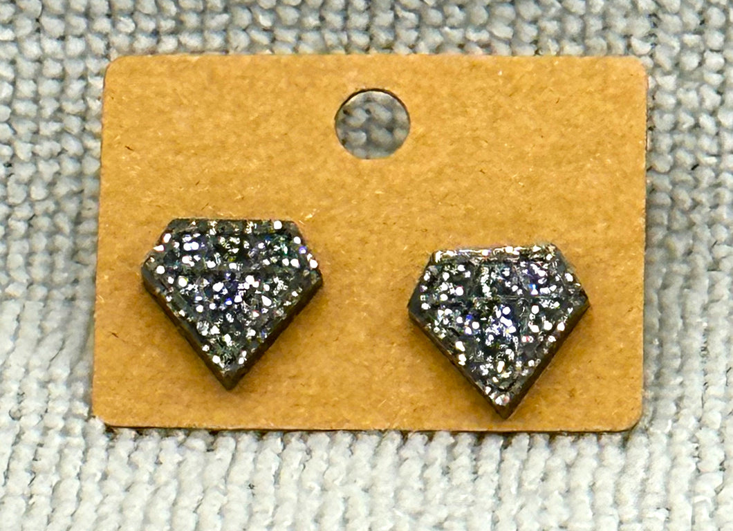 Silver glitter diamond shape stud earrings