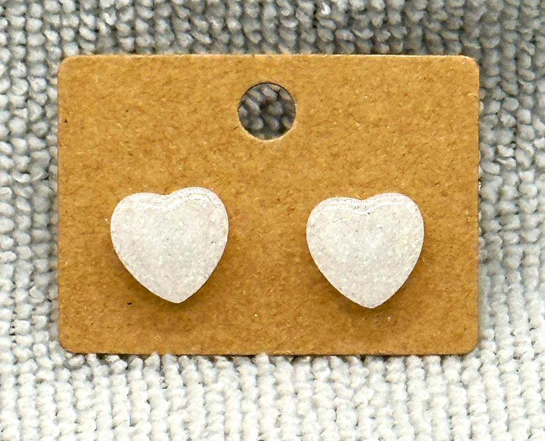 White glitter heart stud earrings