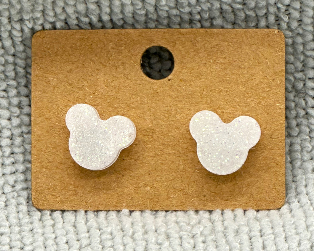 White glitter mouse head stud earrings