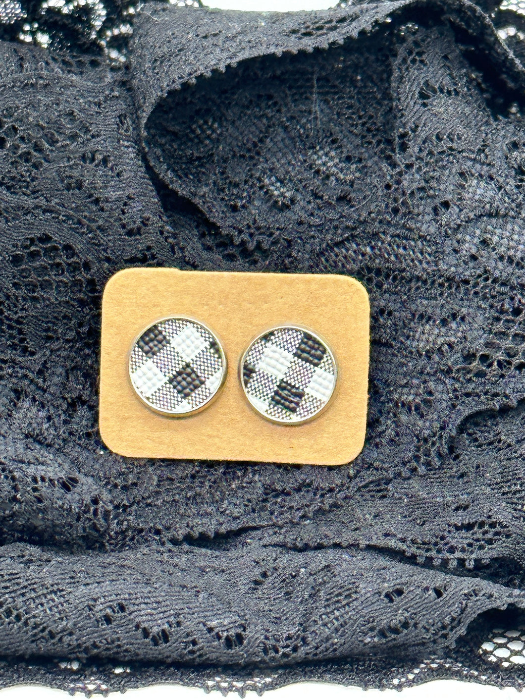 Black and white buffalo plaid faux leather stud earrings