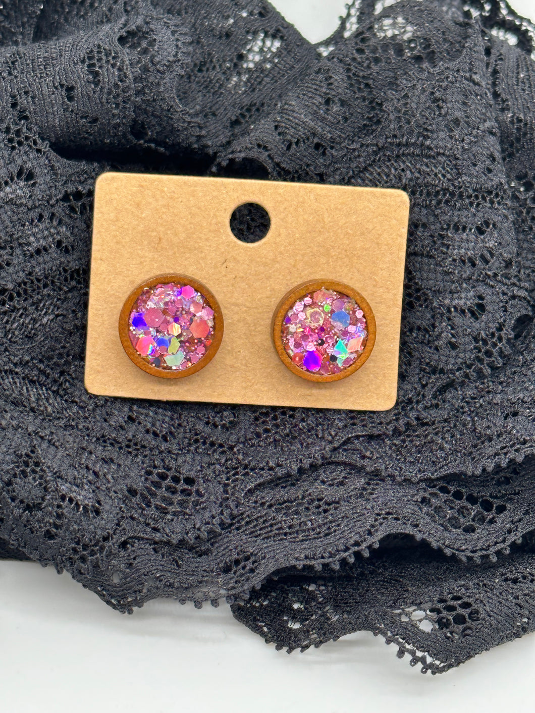 Pink glitter resin stud earrings