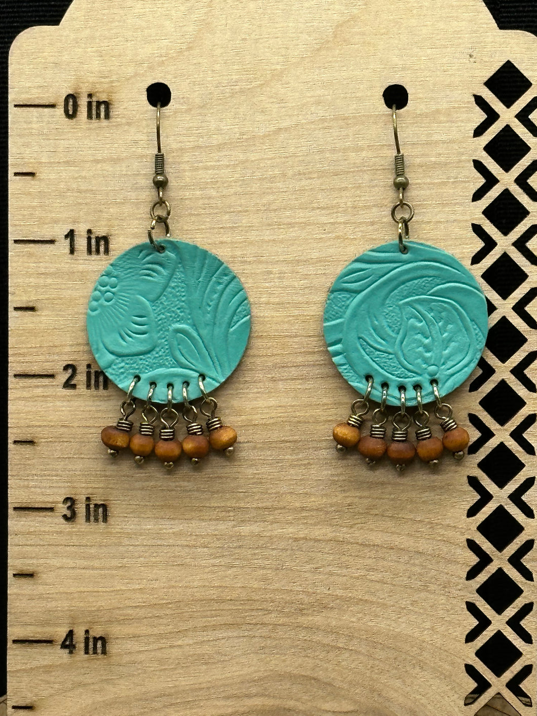 Teal round leather earrings with wooden beads